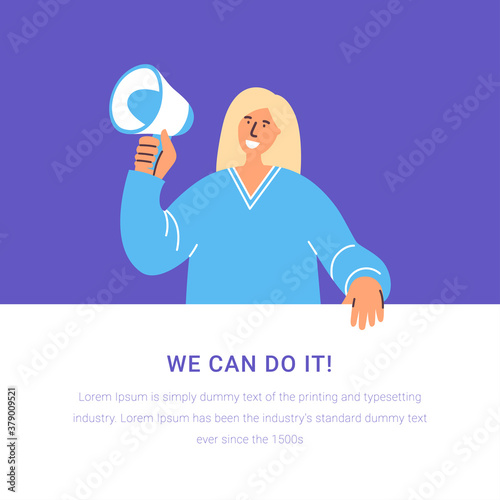 Woman holding banner and loudspeaker calling on for incorporation. Together we are power. International women day. Girl empowerment concept for poster, web banner, website page. Together we can.
