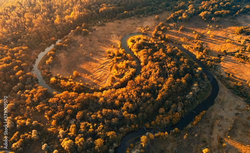 Winding river in the autumn forest early in the morning at dawn. Aerial view of the zigzag bends of the river.