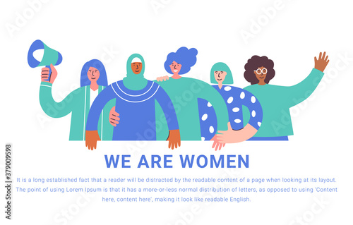 International Women Day. Vector illustration with women different nationalities and cultures. Struggle for freedom, independence, equality. Girls hugging and holding banner. Fight for freedom vector
