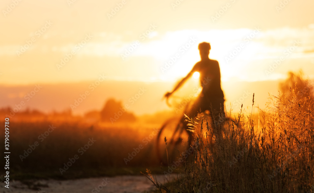 Cyclist silhouette on a gravel bike stands in a field on a beautiful sunset background.