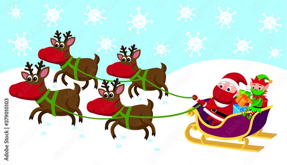 santa claus and elf wearing face masks in a sleigh pulled by reindeers wearing face masks