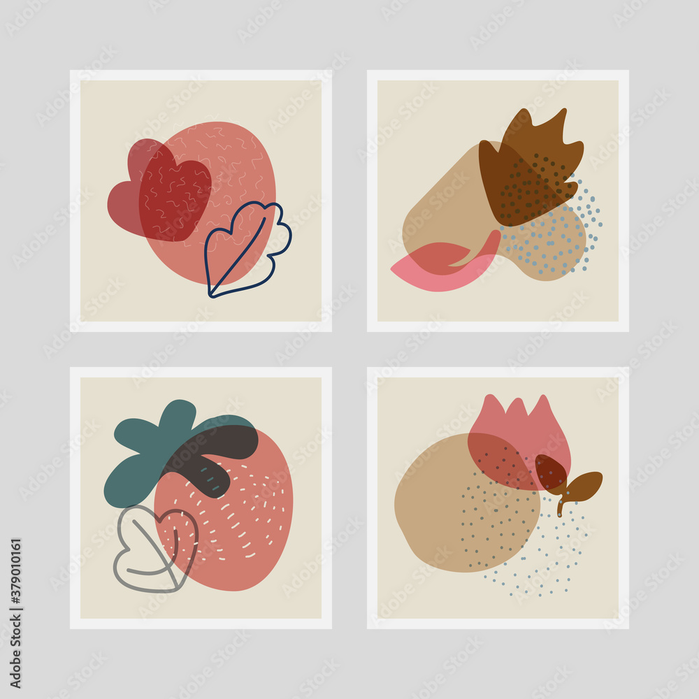 Collection of contemporary art posters in pastel colors. Abstract hand drawn vector shapes, flowers, leaves and dots. Great deisgn for social media, postcards, print etc