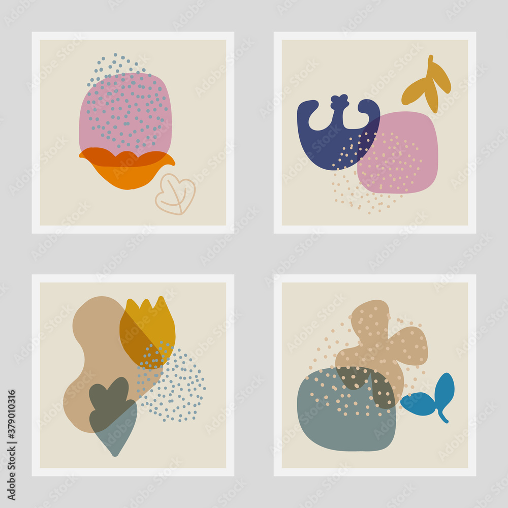 Fototapeta premium Collection of contemporary art posters in pastel colors. Abstract hand drawn vector shapes, flowers, leaves and dots. Great deisgn for social media, postcards, print etc