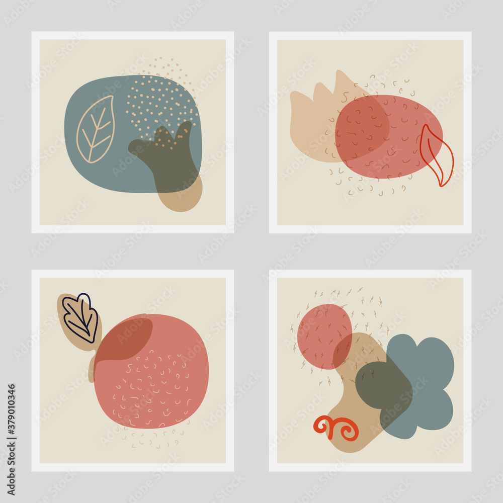 Collection of contemporary art posters in pastel colors. Abstract hand drawn vector shapes, flowers, leaves and dots. Great deisgn for social media, postcards, print etc