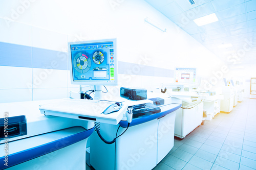 Medical laboratory with analyzers. Blur abstract background