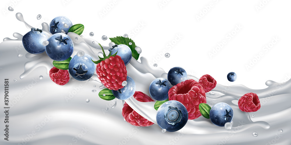 Blueberries and raspberries on a yogurt or milk wave.
