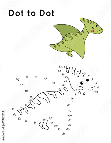 Educational dot to dot game. Cartoon pterodactyl dinosaur. Coloring page for kids. Learning numbers.