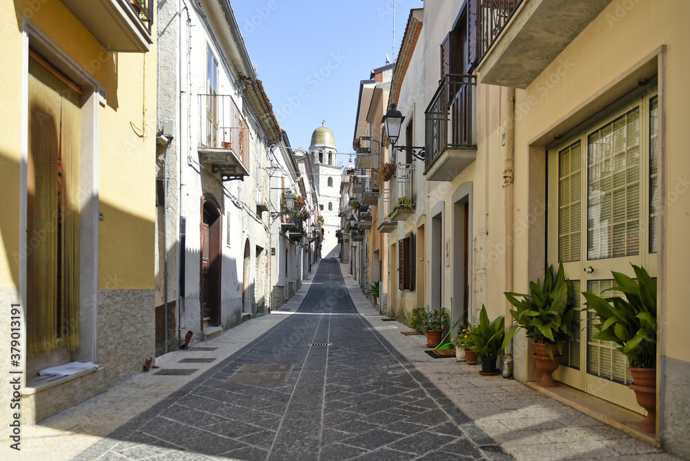 Obraz premium A narrow street among the old houses of San Bartolomeo in Galdo, a rural village in the Campania region, Italy. 