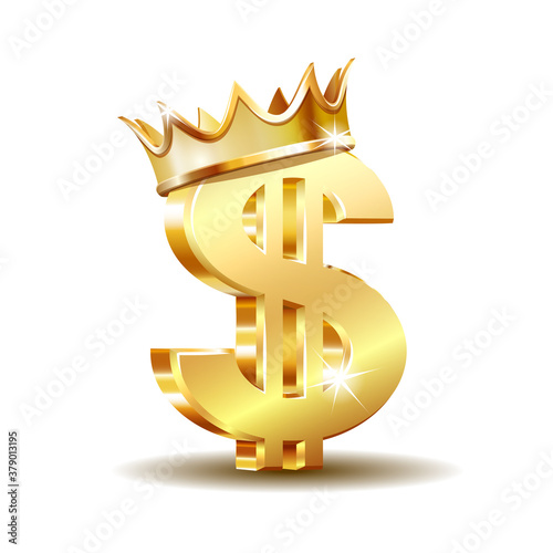Golden dollar symbol with two vertical lines with golden crown