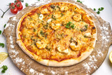 Seafood Italian pizza with mussels, prawn, mozzarella cheese and mushrooms
