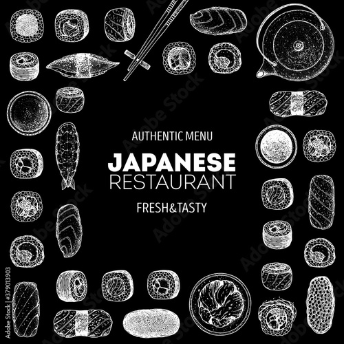 Sushi menu, sushi bar hand drawn design. Japanese food. Hand drawn doodle set with sushi. Vintage template with traditional asian food sketch.