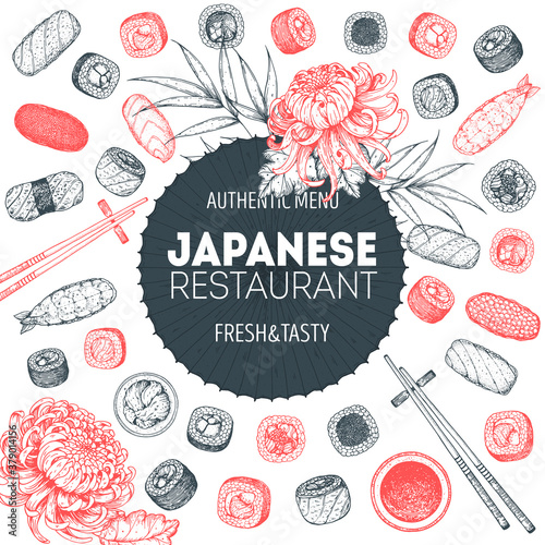 Sushi and rolls vector illustration. Hand drawn sketch. Japanese food menu design. Vintage vector elements for japanese cuisine menu. Retro style design. Food and drink collection. Sushi sketch.