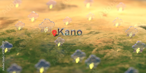 Kano city and stormy weather icon on the map, weather forecast related 3D rendering © Alexey Novikov