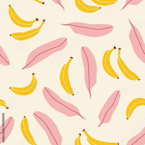 Seamless pattern of yellow banana and pink banana leaves background elements. Tropical tree pattern.
