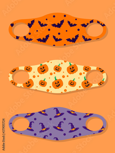 Set of designs face masks with halloween seamless pattern with bat, pumpkin and witch hat