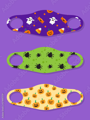 Set of designs face masks with halloween seamless pattern with candy, ghost, spider and pumpkin