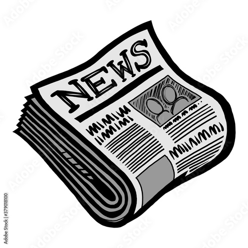 Newspaper folded up with front page showing headlines, articles, and pictures, in cartoon illustration style