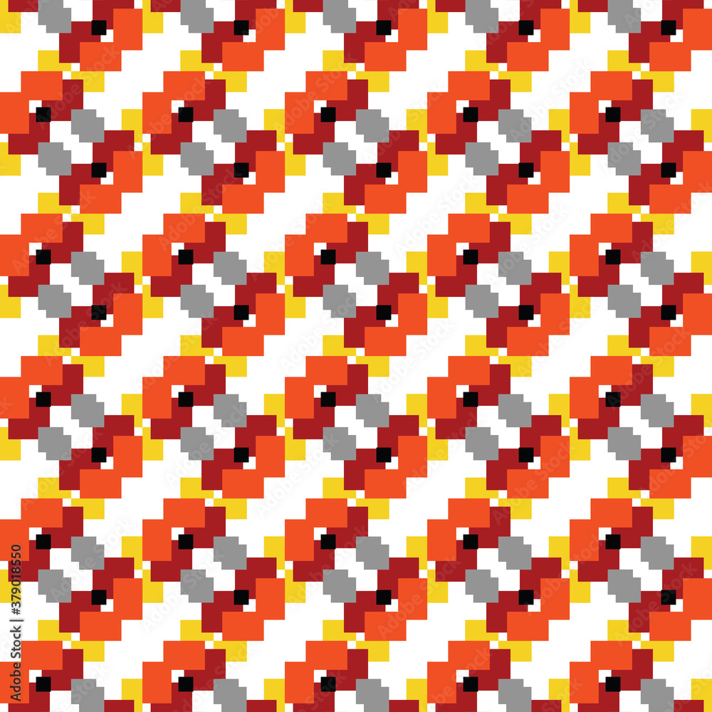 Fototapeta premium Vector seamless pattern texture background with geometric shapes, colored in red, orange, yellow, grey, black, white colors.