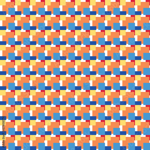 Vector seamless pattern texture background with geometric shapes, colored in blue, orange, red, yellow, white colors.