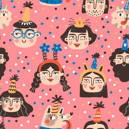 Bday boys and girls characters in cone hats, seamless pattern celebrate illustration. Birthday Anniversary party. Vector clipart design