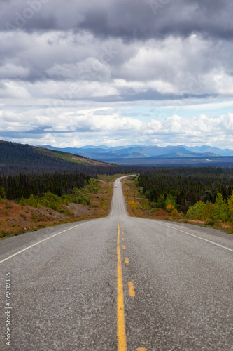 Scenic Route, Alaska Hwy, during a sunny and cloudy day. West of Whitehorse, Yukon, Canada. © edb3_16