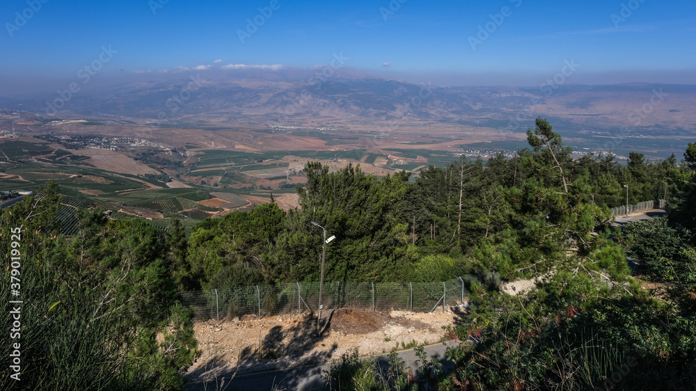 Fototapeta premium Kibbutz Misgav-Am observation point, located on a hill overlooking Southern Lebanon, Northern Israel and the town of Metula, the Golan Heights anf Mount Hermon, Upper Galilee, Israel.