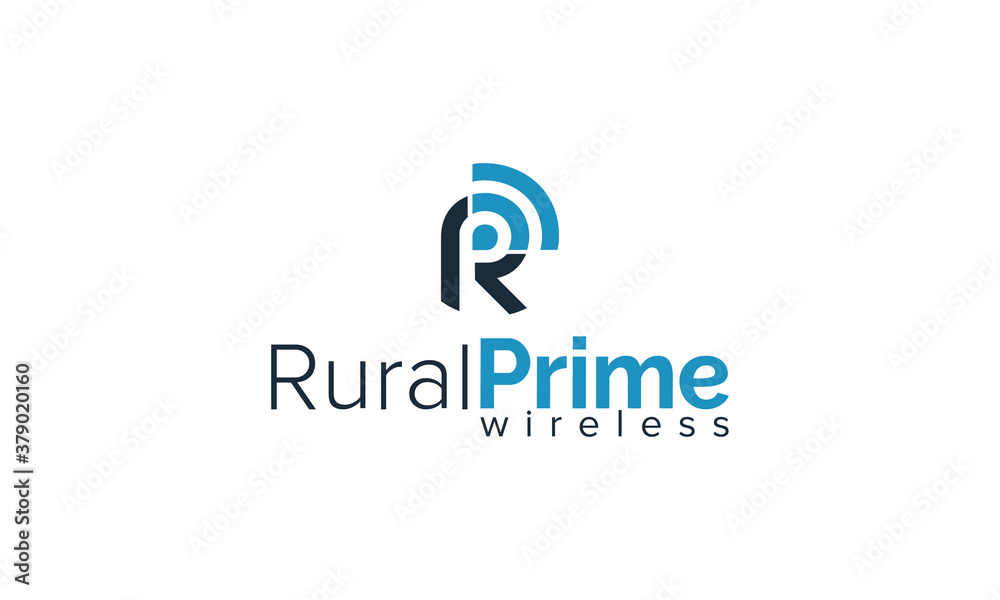 rural prime wireless SIGNAL logo PRESENT letter R.P and wireless with blue color rural prime wireless SIGNAL logo PRESENT letter R.P and wireless with blue color