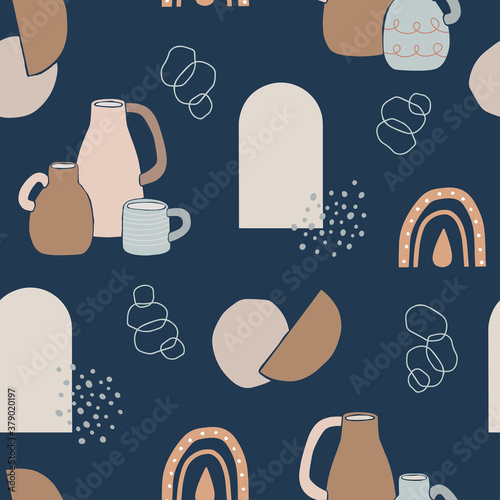 Seamless pattern with ceramic tableware, jugs, vases, homeware drawn by hand. Hand drawn illustration. Vector background.