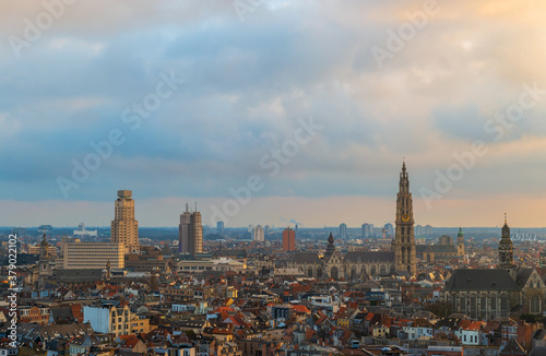 Cityscape of Antwerpen (Antwerp) at sunset with the cathedral tower, Belgium.