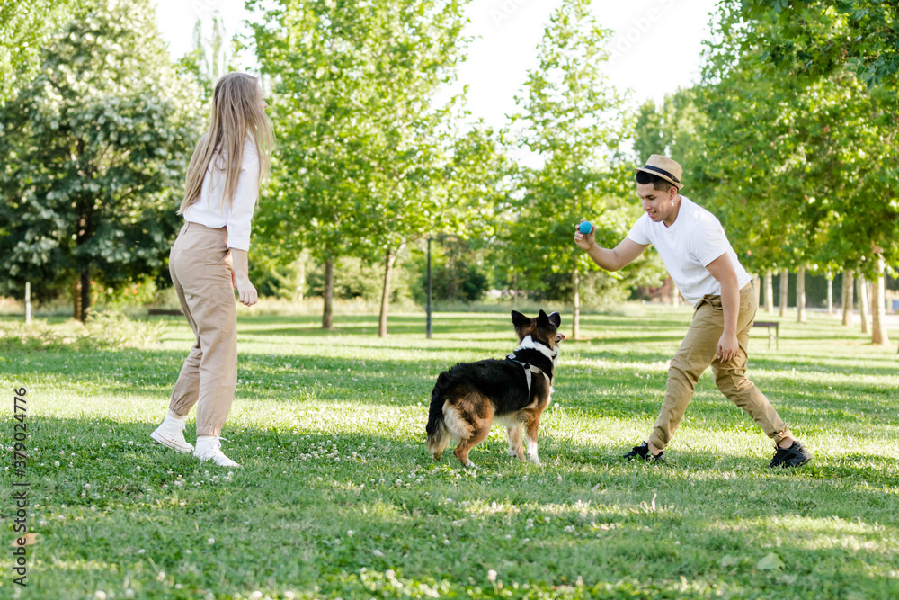 Young and modern couple walking and playing with their dog Border Collie in a park Young and modern couple walking and playing with their dog Border Collie in a park