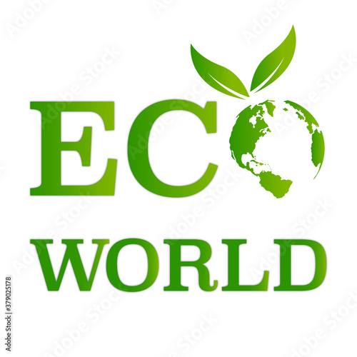 Ecology concept illustration. Eco world text logo, green leaf