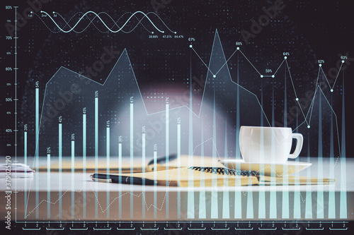 Multi exposure of forex graph drawing and desktop with coffee and items on table background. Concept of financial market trading © peshkova