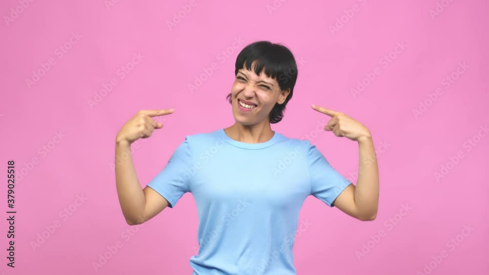 Young caucasian woman surprised, feels successful and prosperous, is very lucky Young caucasian woman surprised, feels successful and prosperous, is very lucky