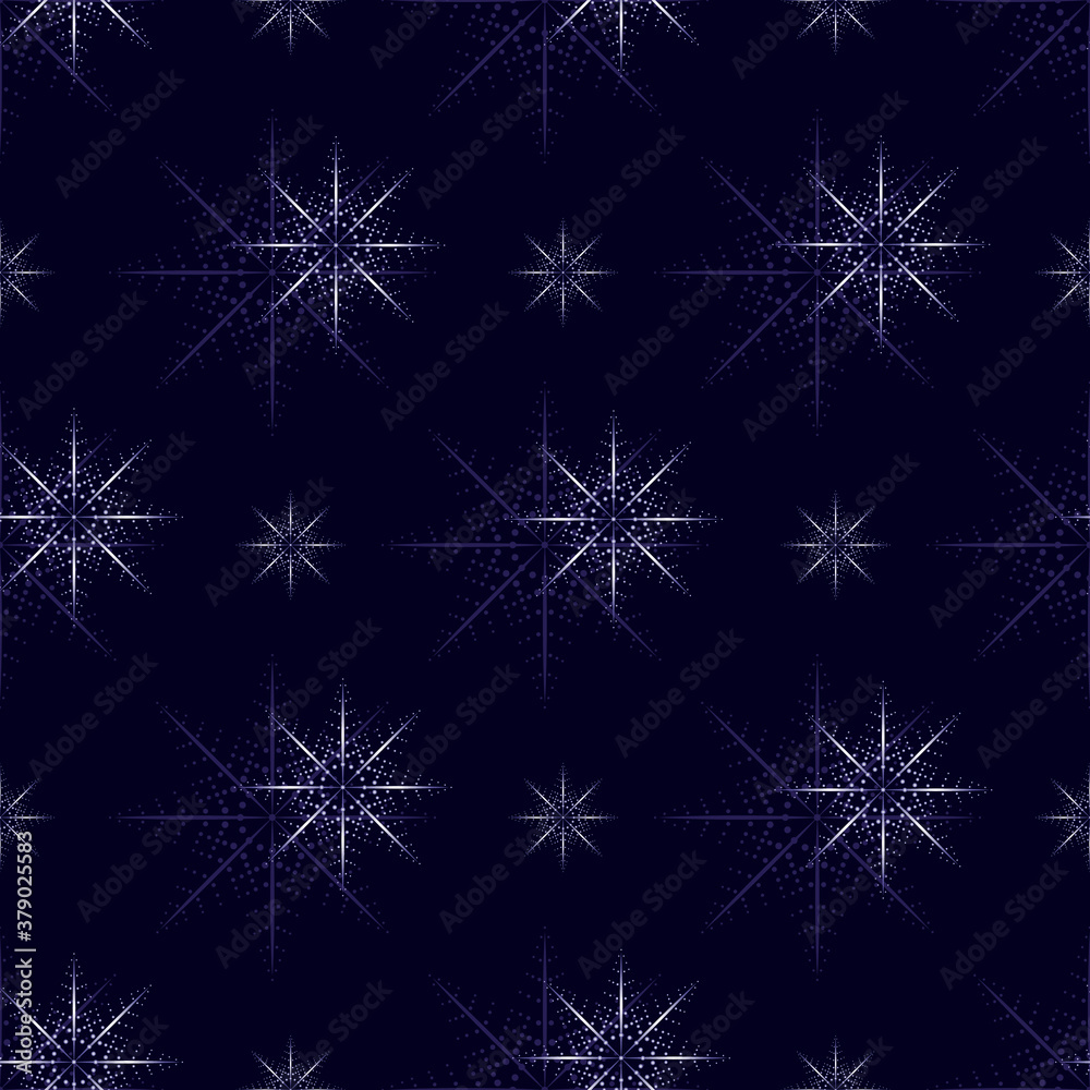 Christmas snowflakes seamless pattern. Geometric white and purple stars on dark blue background. Vector illustration for new year design, winter holidays and celebration backdrop, gift wrapper print. Christmas snowflakes seamless pattern. Geometric white and purple stars on dark blue background. Vector illustration for new year design, winter holidays and celebration backdrop, gift wrapper print.