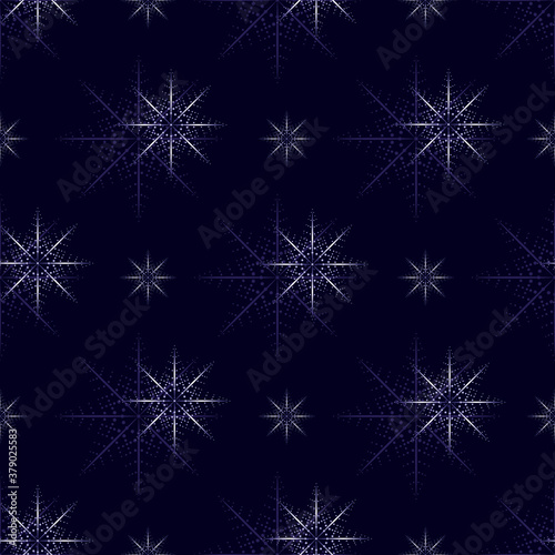 Christmas snowflakes seamless pattern. Geometric white and purple stars on dark blue background. Vector illustration for new year design, winter holidays and celebration backdrop, gift wrapper print.