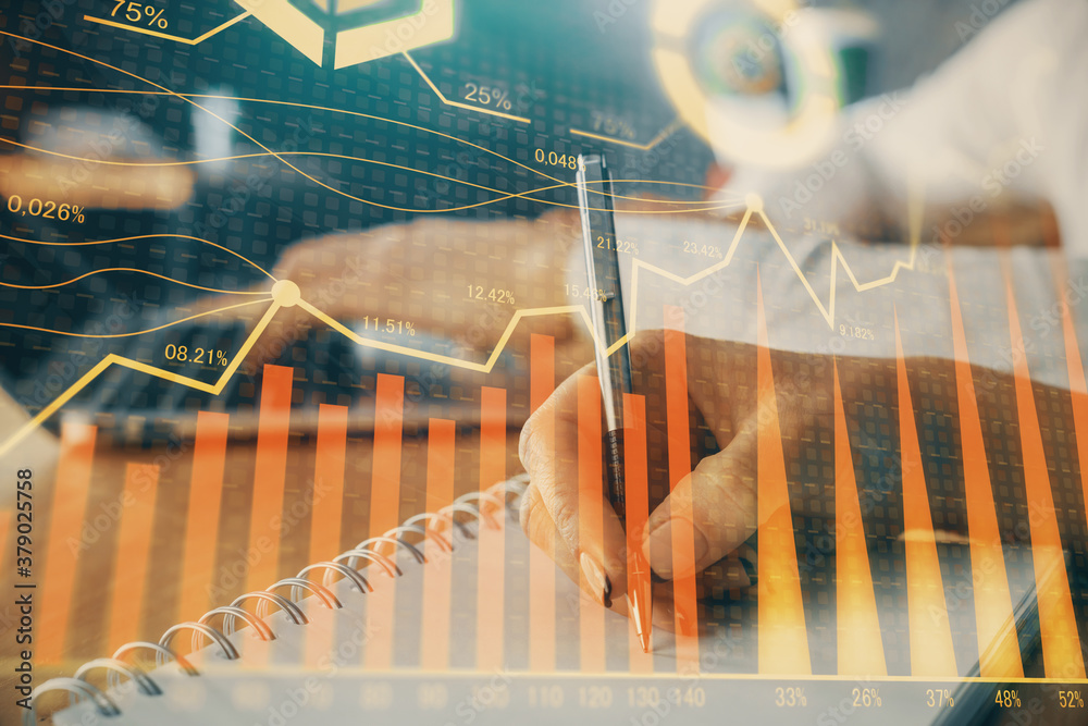Double exposure of forex chart drawing over people taking notes background. Concept of financial analysis Double exposure of forex chart drawing over people taking notes background. Concept of financial analysis