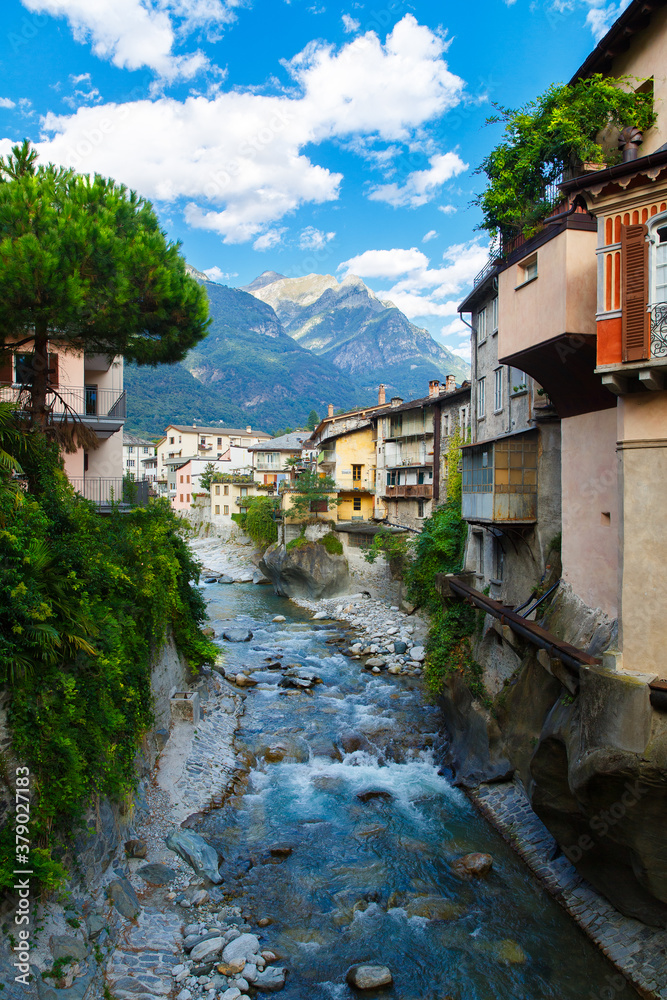 Chiavenna, Sondrio, Lombardia, Italy September 16, 2019. Mera river in Chiavenna, a small town on lake Como, Italy