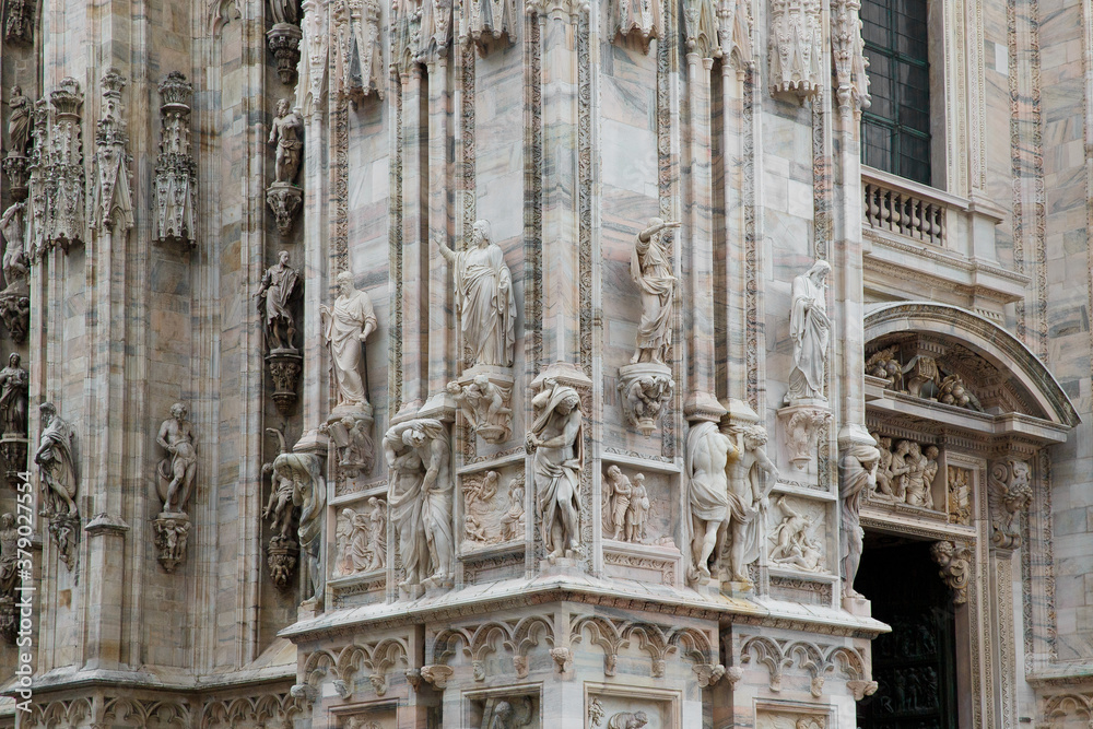 Milan, Italy September 19, 2019. Details of the facade Milan Cathedral Duomo di Milano (Cattedrale di Santa Maria Nascente) on Square Piazza Duomo.
