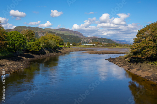 View of Snowdonia from Porthmadog in North Wales, UK