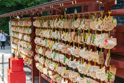 many hanged ema in shrine of kamakura on which people write their wishes © Yuichi Mori