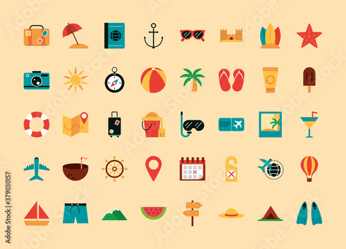 summer vacation travel, season tourism relaxing pack icons flat style