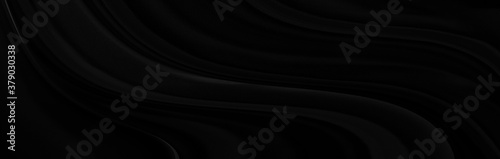 Black gray satin dark fabric texture luxurious shiny that is abstract silk cloth panorama background with patterns soft waves blur beautiful.