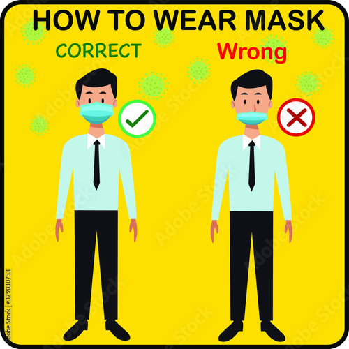 Two men showing how to wearing protective mask correctly.How to wear a face mask correct and wrong.