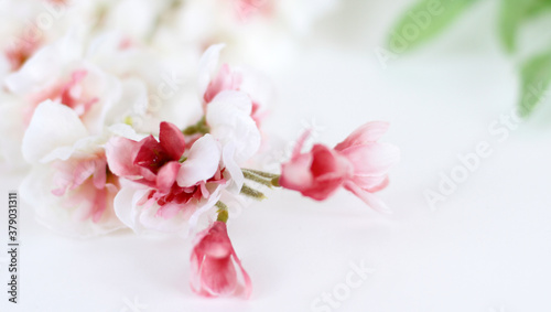 Flowers composition. Frame made of white tender flowers on white background. Flat lay, copy space