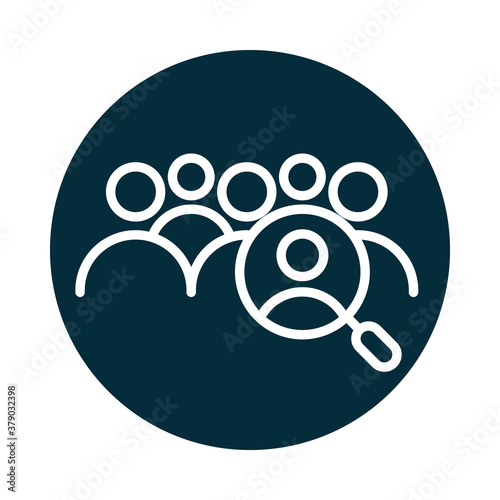 search icon, hiring and recruitment magnifying glass block and line icon