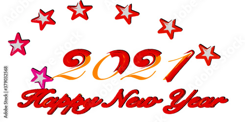 Happy new year 2021 painted with brush, red tones, stars around words, vector