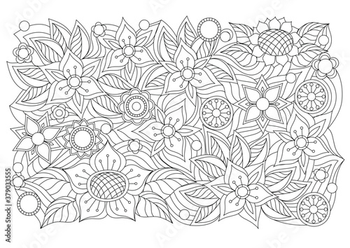 monochrome contour floral pattern connected by lines
