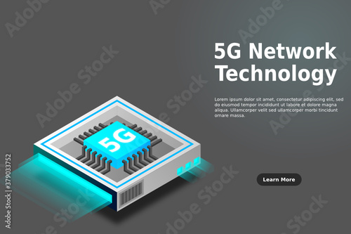 5G network processor illustration. Mobile wireless internet of next generation. Isometric futuristic micro chip. micro chip illustration. PC mainboard illustration background. 3D isometric hardware.
