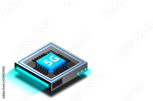 5G network processor illustration. Mobile wireless internet of next generation. Isometric futuristic micro chip. micro chip illustration. PC mainboard illustration background. 3D isometric hardware.