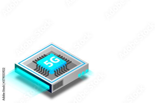 5G network processor illustration. Mobile wireless internet of next generation. Isometric futuristic micro chip. micro chip illustration. PC mainboard illustration background. 3D isometric hardware.